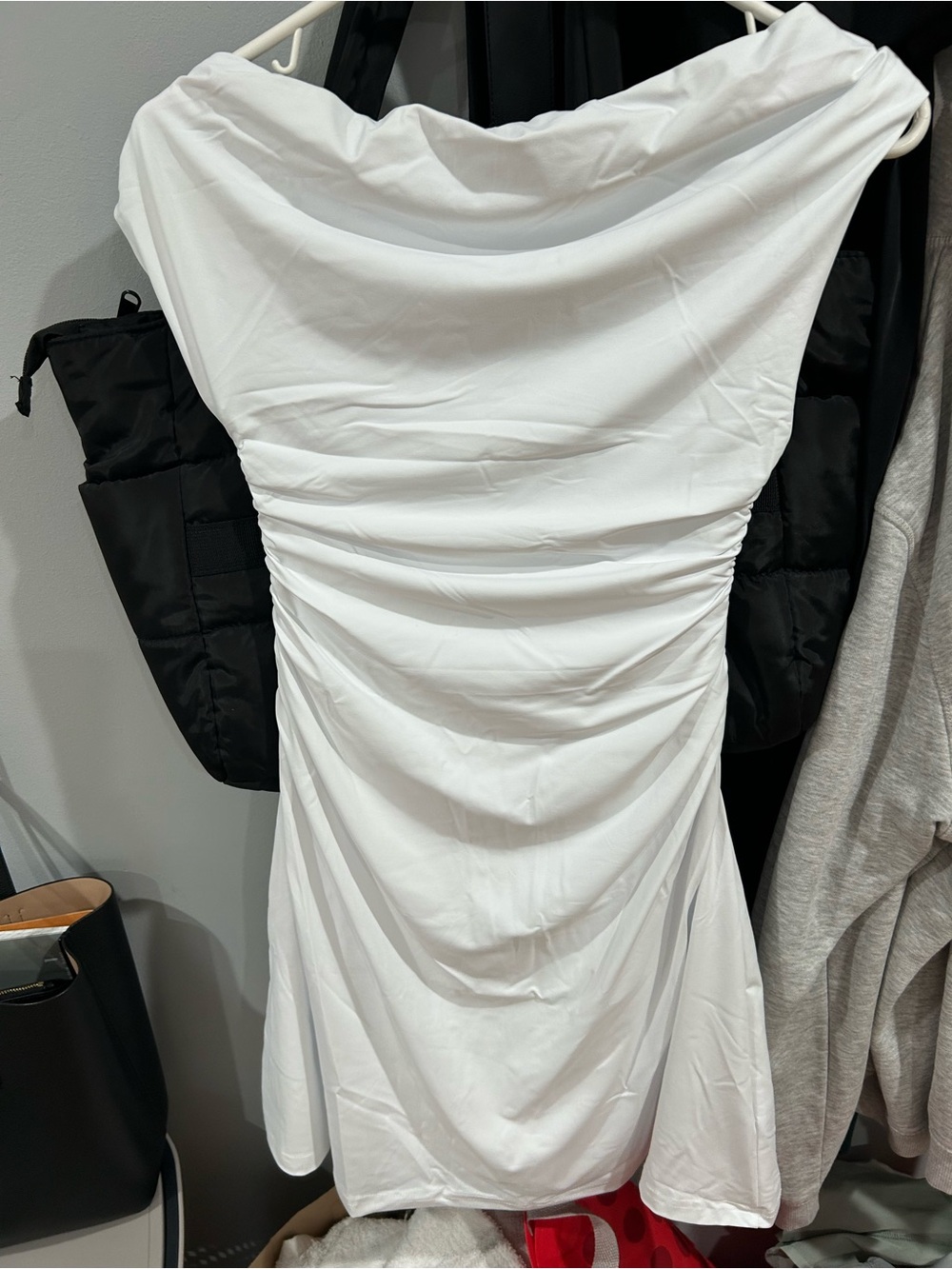 Amazon White Ruched Off-Shoulder Mini Dress - Picture 2 of 4